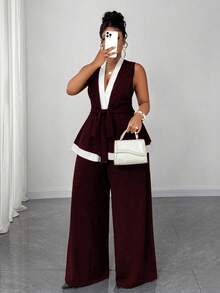 Maweii Conjunto de 2 piezas sin mangas en blanco y negro con patchwork, elegante para ir al trabajo, talla grande - Burdeos - Ver 3