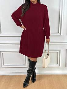 SHEIN Frenchy 大码休闲纯色高领落肩长袖连衣裙，秋季 - 紅色 - 查看 4