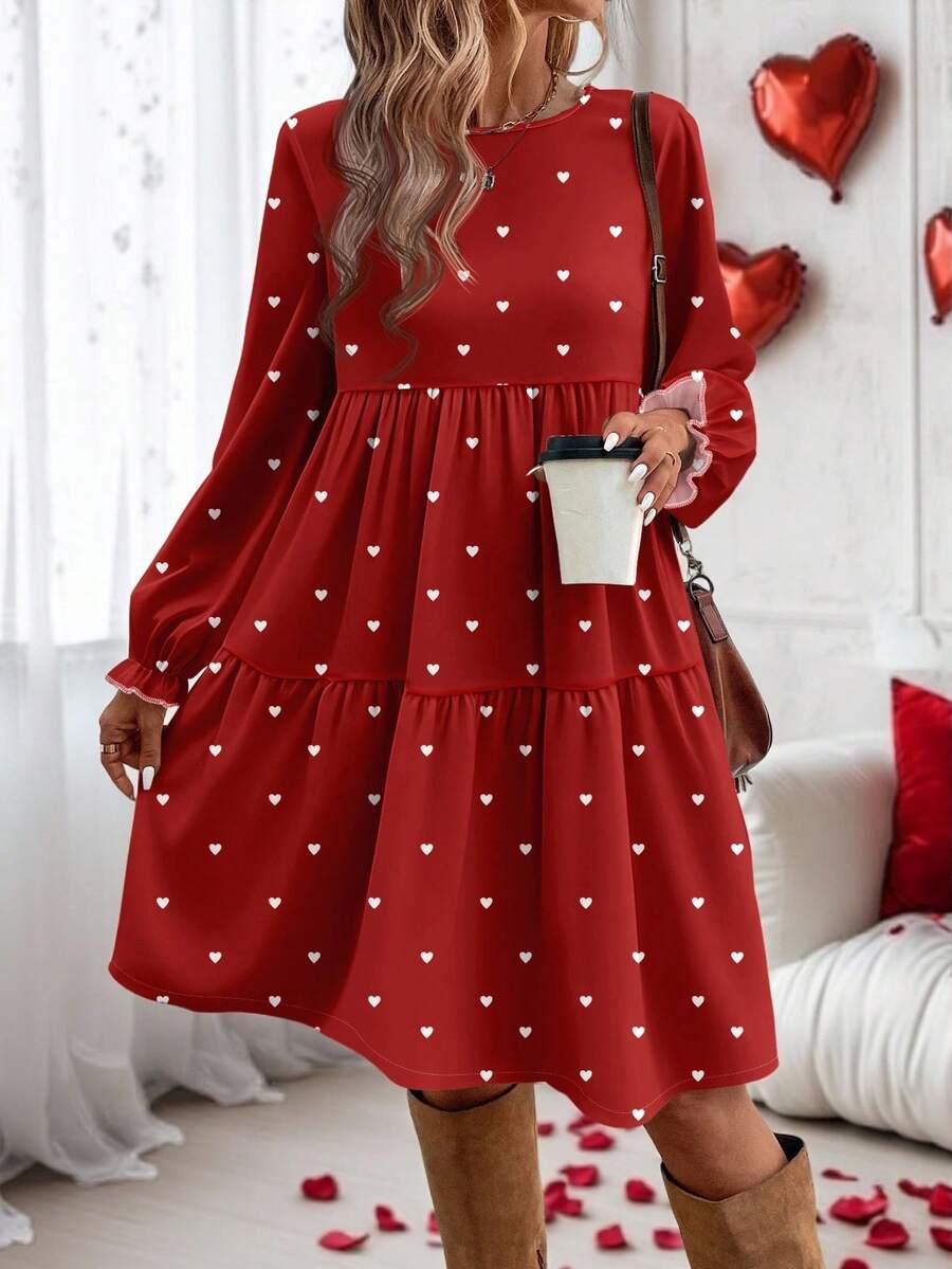 EMERY ROSE Gaun Kasual Minimalis Motif Bunga Kecil Longgar Leher Bulat Ukuran Besar, Cocok untuk Musim Gugur/Musim Dingin/Natal - Merah - View 1
