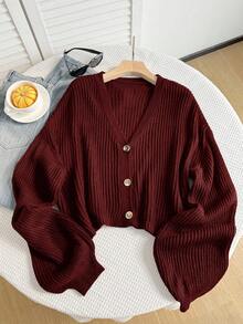 SHEIN EZwear Plus Size Rose Red V-Neck Button Front Casual Long Sleeve Cardigan/Winter - Rose Red - View 3