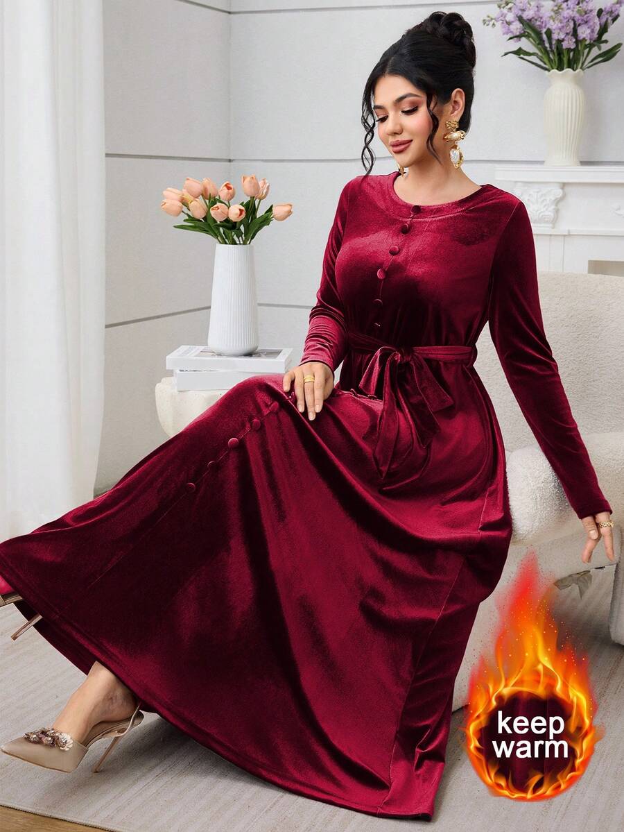 SHEIN Najma 女士阿拉伯风格连衣裙，前扣系带腰身长袖喇叭下摆 - 酒紅色 - 查看 1