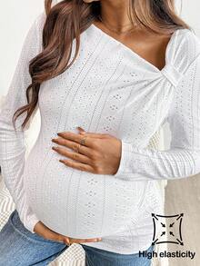 SHEIN Maternity Knit Textured Asymmetrical Neckline Long-Sleeved Slim-Fit T-Shirt, Maternity Top, Casual White Top, Maternity Wear, Maternity Shirt. Maternity Top. - White - View 1