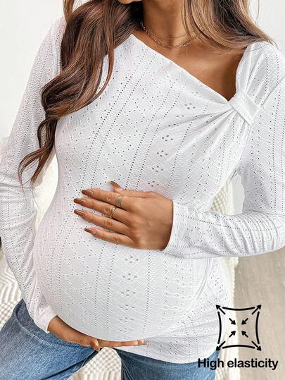SHEIN Camiseta ajustada de manga larga con cuello asimétrico bordada para maternidad