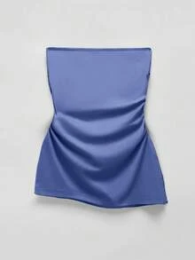 Comfortcana Women's Solid Color Pleated Bandeau Top - Blue - View 2