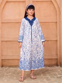 Tween Girl Floral Print Long Sleeve Loose Casual Dress - Blue - View 3