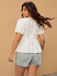 Elaquor Plus Size Women Front Tie Short Puff Sleeve Floral Ruffle Hem Fashionable Top Spring For Women Elegant Casual Vacation - Apricot - View 2