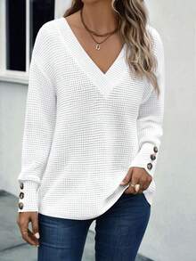 SHEIN Áo thun nữ cổ chữ V cài nút họa tiết kẻ sọc dứa mới - trắng - Xem 4