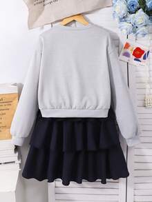SHEIN 少女3D蝴蝶结装饰水钻长袖卫衣和蛋糕裙套装，适合日常休闲穿着和学生装扮。 - 淺灰色 - 查看 2
