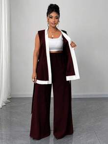 Maweii Conjunto de 2 piezas sin mangas en blanco y negro con patchwork, elegante para ir al trabajo, talla grande - Burdeos - Ver 6