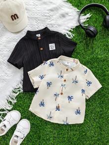 SHEIN 2件套男女宝宝可爱热带棕榈树印花短袖衬衫套装，夏威夷衬衫，春夏男宝宝服装，套装 - 彩色 - 查看 7