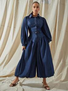 Vixey Drop Waist Pleated Balloon Hem Culotte Denim Pants - Dark Wash - View 3