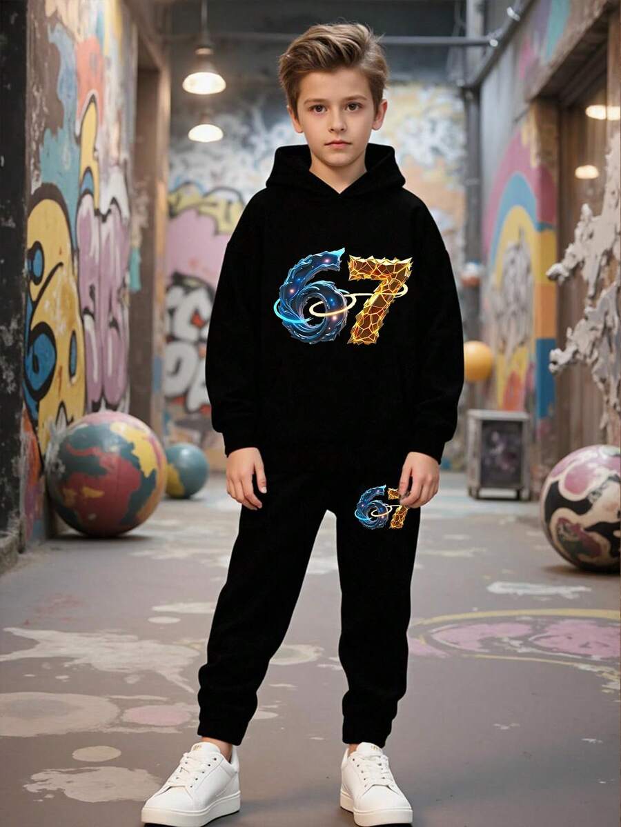 SHEIN Cozy Fall & Winter Styles 2pcs/Set Tween Boys Casual Fashion Creative Personalized Refreshing High-End Minimalist Numeric 67 Nebula Crack Pattern Print Hoodie And Sweatpants Comfortable Daily Outfit - Black - View 1