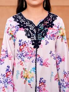 Vestido de moda casual para niñas con patrón floral de tela tejida, con cuello con adorno de flores 3D y ribete de cinta, suelto y cómodo, adecuado para primavera, verano, otoño, uso diario, al aire libre, fiesta, sesión de fotos - Multicolor - Ver 6