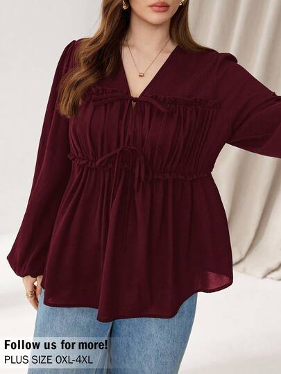 Auralis 大码女装秋冬时尚休闲宽松舒适日常修身褶皱吊带长袖黑色衬衫，秋季