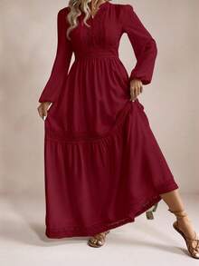 Freevana 大码纯色V领荷叶边下摆优雅长袖连衣裙 - 酒紅色 - 查看 4