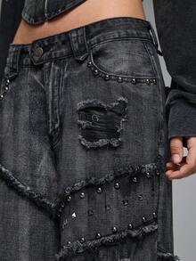 ROMWE Grunge Punk Spring Casual Y2K Punk Rivet Decor Distressed Vintage Washed Wide Leg Low Waist Jeans - Black - View 6