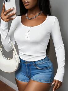 Slaydiva New Spring/Summer Music Festival, Valentine's Day Casual Basic Y2K Streetwear Sexy Loungewear, Women U-Neck Half-Open Waist Ruched Fitted White Ribbed Knit Bodysuit White One Piece Bodysuit White Body Suit Sexy Bodysuit White Top Women's Gym Clothes - White - View 9
