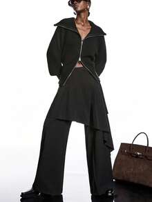 LYSMO 2025新款极简主义冬季女式休闲通勤简约纯黑色插肩袖拉链开衫，大翻领设计，适合外出、街头风和斯德哥尔摩风格，是女士圣诞节、冬季和新年休闲装的理想之选。 - 黑色 - 查看 4