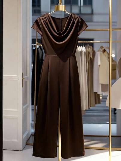 GlowEve CURVE Women's Elegant Solid Color Deep Draped Neck Wide Leg Jumpsuit, Shiny Fabric, Fashionable For Commuting And Office Wear