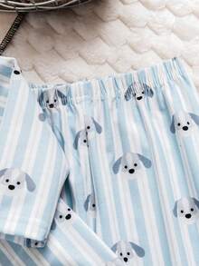男婴舒适柔软睡衣套装，长袖开衫和裤子，可爱小狗蓝白条纹 - 彩色 - 查看 5