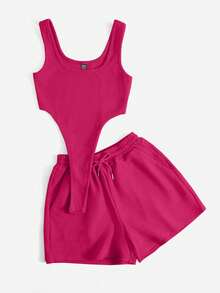 Comfortcana Bộ đồ hai mảnh nữ Gân đan Dây kéo Túi màu trơn Giải trí - Màu Hồng Tươi - Xem 3