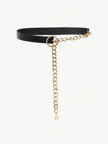 SHEIN Autumn New Arrival Metal Chain & Pu Leather Composite Women's Waist Belt, Matchable With Suit Shirt, Versatile Decorative Waist Chain Halloween Summer, School Fall, Autumn, Halloween - Black - View 2