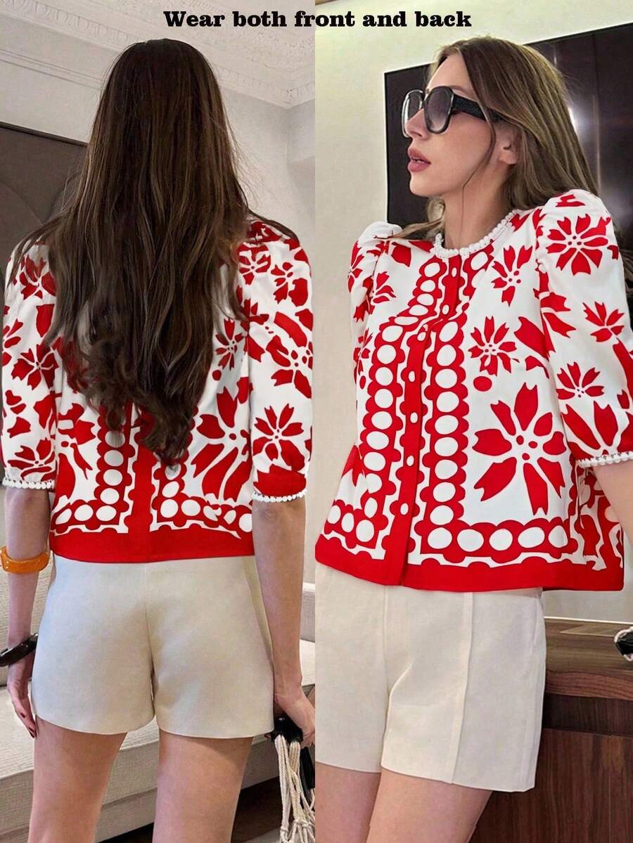 Pariaura 花卉印花荷叶边休闲衬衫,度假风春季大学休闲装 - 紅色 - 查看 1