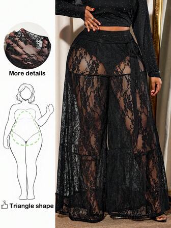 Truni Pantalones anchos de encaje sueltos y sexy para mujer de talla grande, con detalle de lazo en la cintura, adecuados para citas y fiestas, pantalones de encaje transparente negro de talla grande para figura de pera/triángulo/2026/Año Nuevo