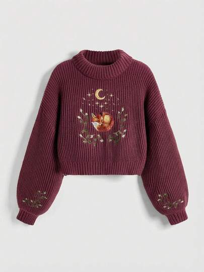 Fairycore Suéter de cuello alto de manga larga con bordado de zorro, versátil y casual, adecuado para otoño/invierno