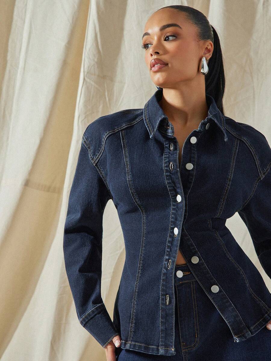 Vixey 女士翻领单排扣时尚百搭日常通勤长袖牛仔衬衫 - 深色水洗藍 - 查看 1