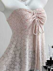 SHEIN Unity Women's Pink Jacquard Drawstring Strapless Ruffle Hem Top, Spring/Summer - Pink - View 5