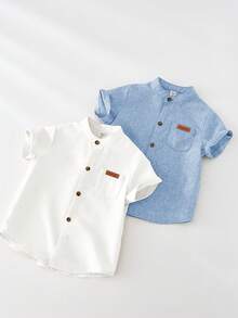 SHEIN Set de 2 camisas de manga corta con cuello mao de unicolor básico para niño, versátil y casual, adecuado para fiesta de cumpleaños, evento de noche, actuación, boda, baby shower, celebración del 1er cumpleaños - Multicolor - Ver 7