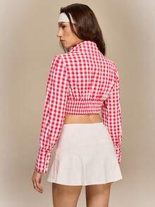 Hanevo Women's Valentine's Day Red Plaid Cropped Collared Long Sleeve Top - Red - View 2