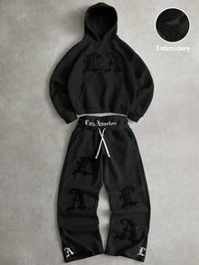 PAVTROS Ensemble deux pièces homme de style de rue populaire, style INS, avec broderie LA, serviette 2 en 1, pantalon à double taille avec fermeture éclair, et sweat-shirt à capuche. Convient pour les festivals de musique en plein air, les boîtes de nuit, les bars. Cadeau pour petit ami/mari, cadeau d'anniversaire. Ensemble noir deux pièces, pour l'hiver, doublure thermique - Noir - Voir 3