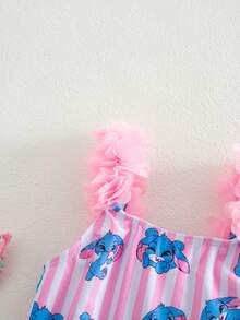 SHEIN 女婴无袖兔子印花3D花卉装饰连体泳衣，夏季 - 粉色 - 查看 3