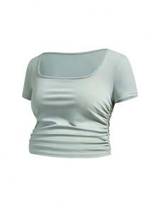 SHEIN 2 pezzi Set casual di maglietta a maniche corte con scollo quadrato e arricciature e pantaloni con vita con coulisse, colore tinta unita, per gravidanza - Verde - Visualizzare 5