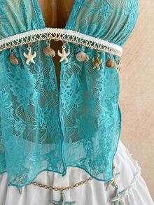 Soleia Blue Top Women's Summer Set Vacation Outfits Women Carnival Women's Floral Lace Starfish Trim Sexy Halter Backless Blouse - Mint Blue - View 5