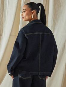 Vixey Oversized Plunge Neck Pointe Collar Long Sleeve Denim Shirt - Dark Wash - View 2