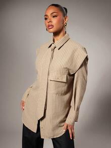 Hauture Tie Front Exaggerated Shoulder Striped Shirt - Apricot - View 6