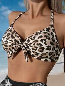 SHEIN Swim 2025 Women's Summer Beach Leopard Print Front Tie Halter Bikini Top (Random Print), Push Up With Underwire