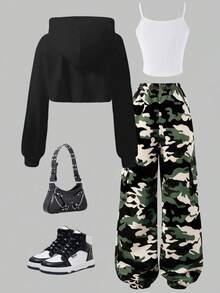 SHEIN 3pcs/Set Camouflage Pattern Sweatshirt Top & Camisole & Drawstring Hem Casual Pants Outfit, Suitable For Teens, Spring/Autumn Daily Wear - Black and White - View 2
