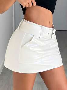 Jeanoix Y2K 时尚白色口袋腰带 PU 涂层 A 字裙 - 白色 - 查看 6