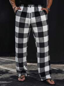 Manfinity Hypemode Men's Black & White Plaid Fleece Straight Leg Pants, Autumn/Winter Men Plaid Pants Men Baggy Sweatpants Men Jogger Pants Men Black And White Pants Daily Leisure, Weekend Trips, Outdoor Activities, Travel Expeditions, Relaxed Work Environments Or Semi-Formal Occasions,Boyfriend/Husband Gift, Anniversary Gift Christmas Outfits Men Oversized Pants Men Street Wear Pants