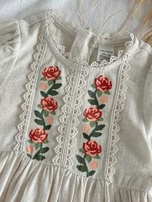 Loomiva Baby Girl Floral Print Round Neck Ruffle Hem Cinched Waist Dress - Multicolor - View 5