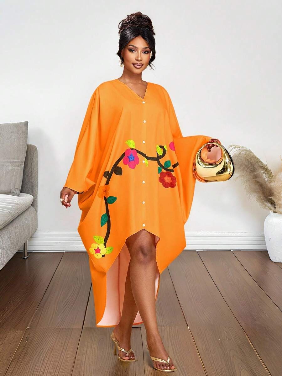 Brilight Women's Daily Casual Floral Print Irregular Loose Dress Basic Daily Festival Party Etc Autumn Dress Spring Summer Shirt Dress - Orange - View 1