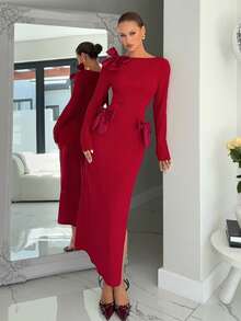 Siren Gaze Women's Dark Red Long Sleeve Elegant Waist Cinched Bowknot Decor Split Dress,Autumn Christmas Party Outfit,New Year Eve Valentine's Day Date Dress - Fiery Red - View 3