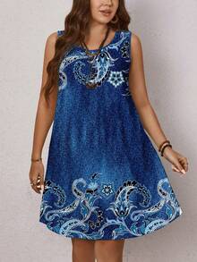 EMERY ROSE Plus Size Women's Casual Simple Round Neck Sleeveless Dress, Summer,Beach Dress Sundress,Holiday Outfits Boho Suitable For Going Out Chic Dress,Spring/Vacation - Blue - View 4