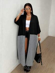 Maweii Plus Size Women Sexy Striped Loose Long Cardigan Jacket, Short/3/4 Sleeve, Versatile For Commute & Daily Wear, Spring/Summer - Black - View 4