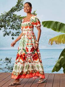 Travachic Women's Summer Beach Vacation Tropical Print Sweetheart Neck Puff Sleeve Waist Ruffle Hem Dress - Multicolor - View 5