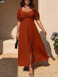 SHEIN LUNE Plus Size Solid Color Sweetheart Neck Slit Elegant Short Sleeve Dress - Redwood - View 6
